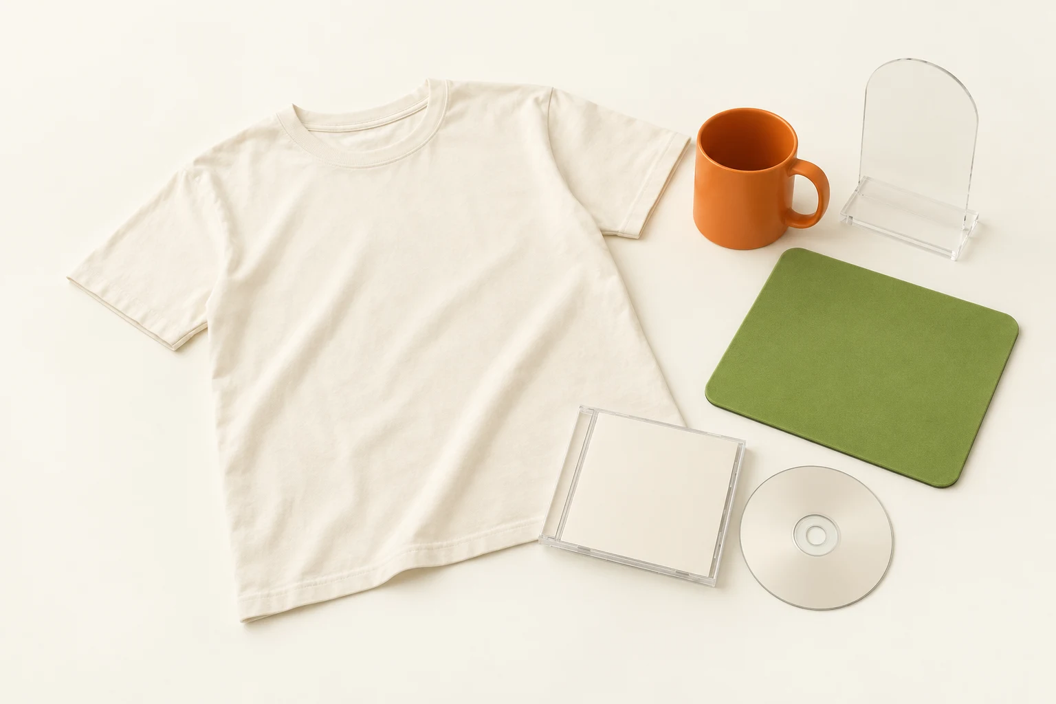 Tシャツ、マグカップ、マウスパッド、アクリルスタンド、CDの仮イメージ。実商品ではありません。